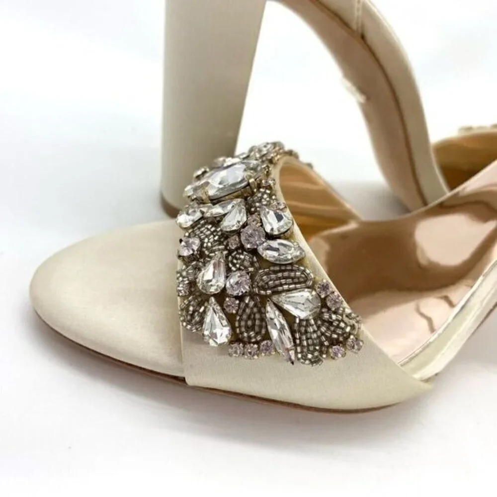 Badgley Mischka Women's Barby Ivory Satin Jeweled Heels New
